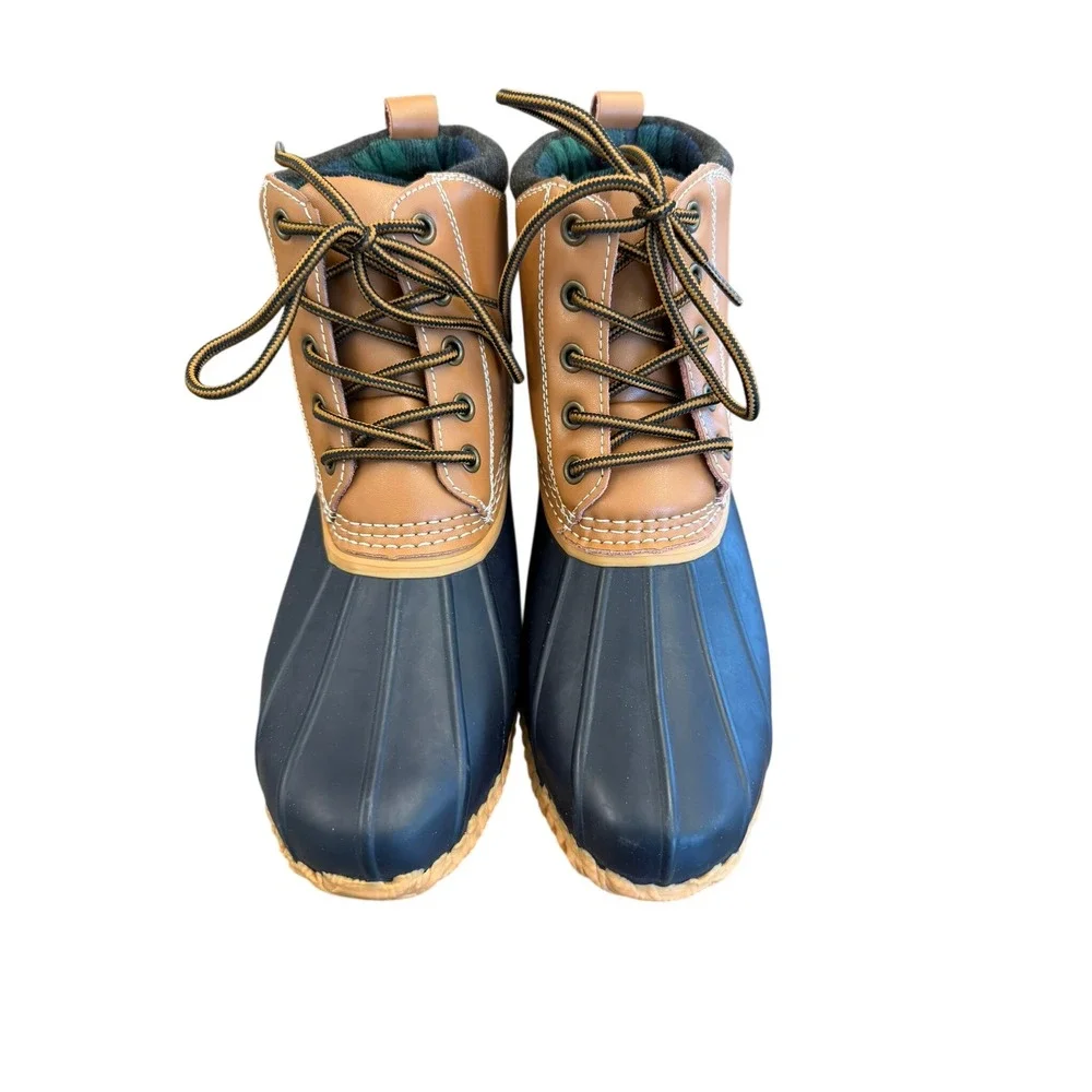 Lands End Womens Insulated Duck‎ Boots Navy Tan Plaid Lined Size 9M 550708